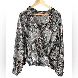 Paisley Print Sheer Collared V-Neck Whimsigoth Blouse